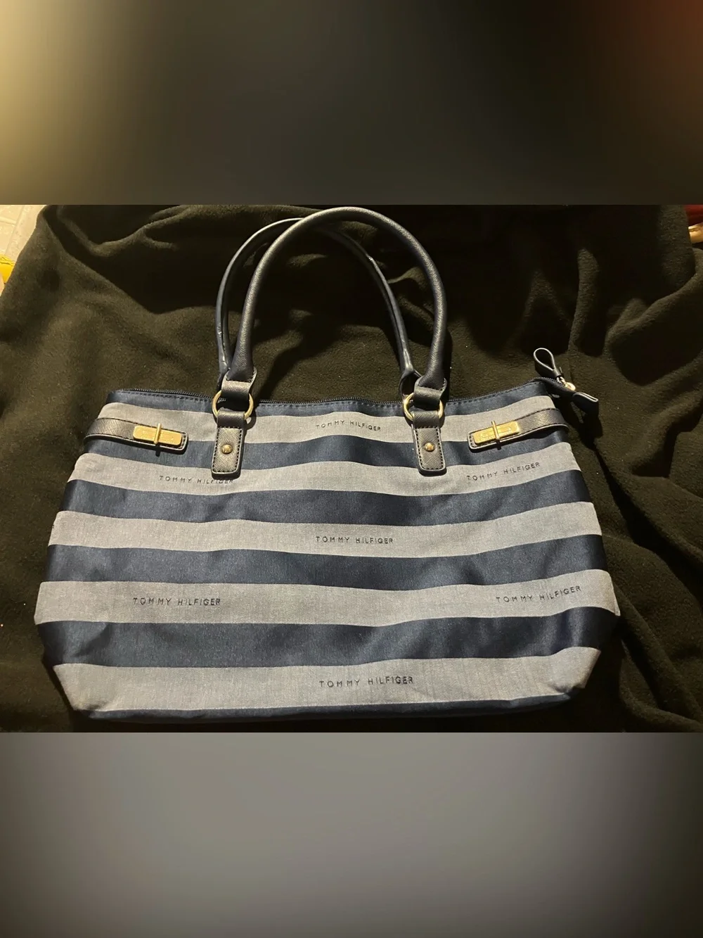 Tommy Hilfiger Blue Striped Canvas Tote Bag Helen Satchel Excellent Condition